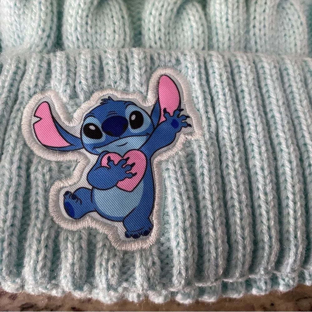 Disney Lilo & Stitch girls beanie mittens set light blue winter hat pom pom nwt